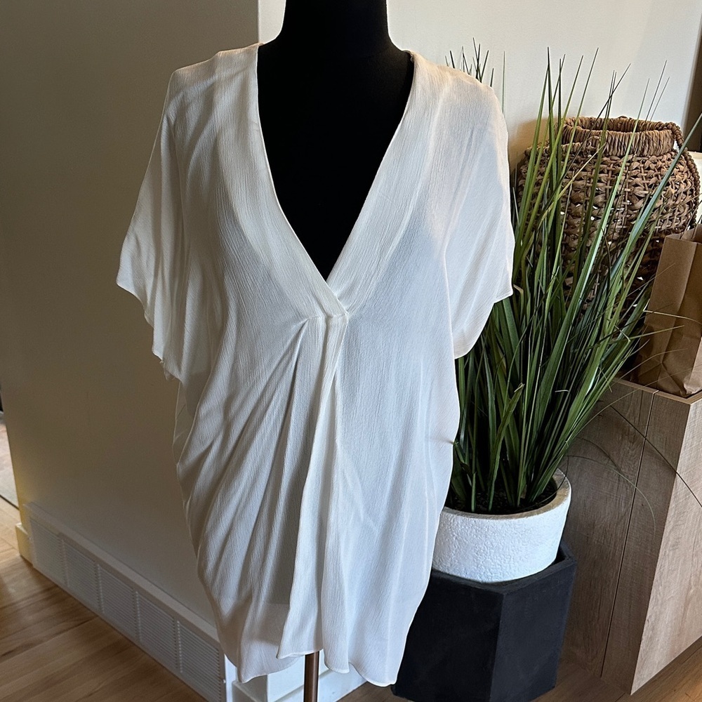 Zara Elegant White V-Neck Tunic Blouse Dress - Large